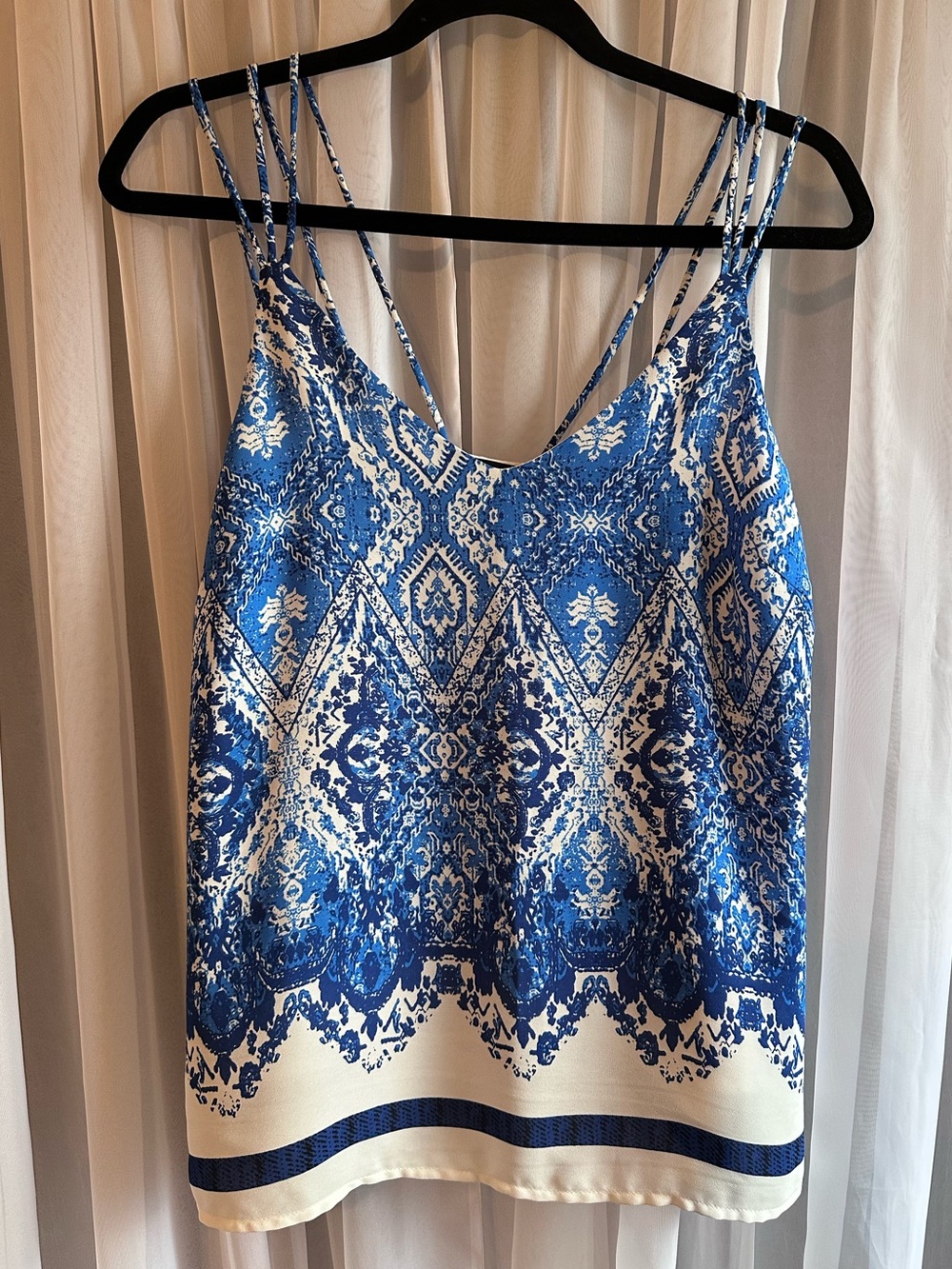 Fab’Rik Blue and White Printed Spaghetti-Strap Tank Top Size S